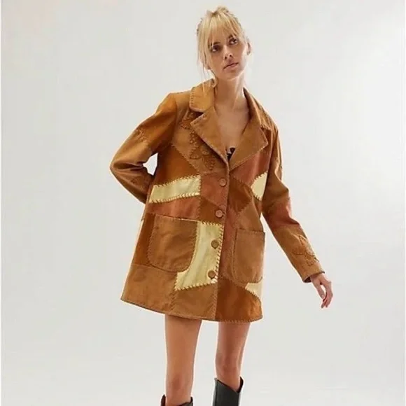 Free People Patchwork Leather Jacket in Tan and Cream